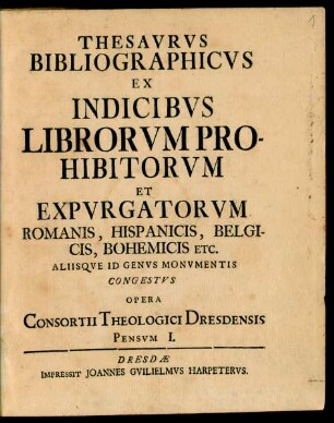 Pensum 1: Thesavrvs Bibliographicvs Ex Indicibvs Librorvm Prohibitorvm Et Expvrgatorvm Romanis, Hispanicis, Belgicis, Bohemicis Etc.
