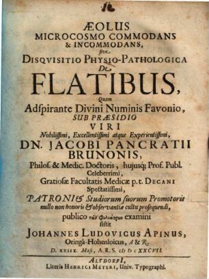 Aeolus Microcosmo Commodans & Incommodans, sive Disqvisitio Physio-Pathologica De Flatibus