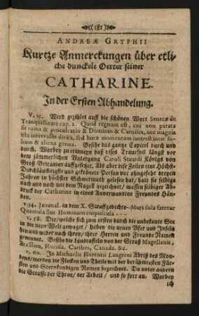 Andreae Gryphii Kurtze Anmerckungen über etliche dunckele Oerter seiner Catharine.