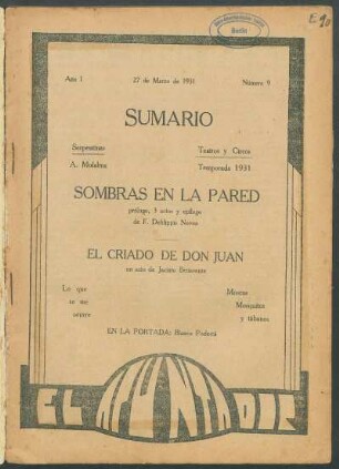 1931000900: Sombras en la pared : prólogo, 3 actos y epílogo