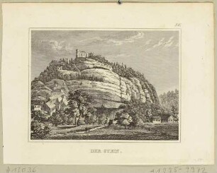 Der Oybin im Zittauer Gebirge, Blick von dem Ort mit Bergkirche auf den Fels mit Kloster- und Burgruine, aus Schiffners Beschreibung von Sachsen um 1840