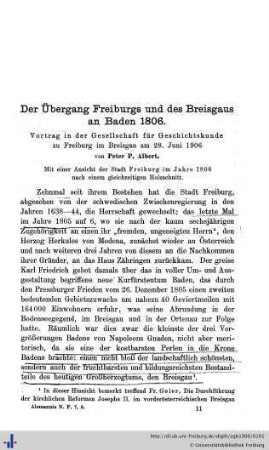 Der Übergang Freiburgs und des Breisgaus an Baden 1806.