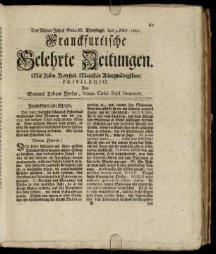 Num. XI. Dienstags, den 5. Febr. 1743 - Num. XX. Freytags, den 8. Mart. 1743