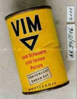 Probe-Blechdose für "VIM zum Scheuern und feinen Putzen VON SUNLICHT DARUM GUT" mit Inhalt