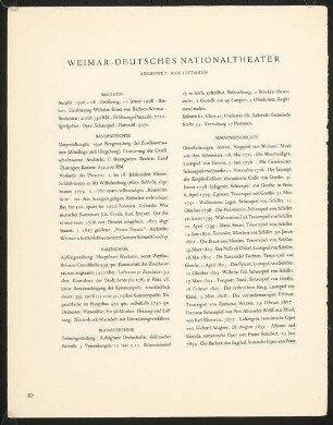Satzspiegelvariante für das Handbuch "Das Deutsche Theater" Deutsches Nationaltheater, Weimar: Baudaten, Längsschnitt und Grundriss (Vorschlag III), mehrseitiges Dokument