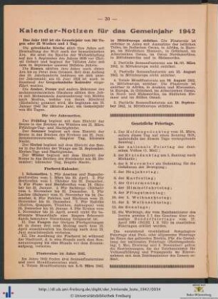 Kalender-Notizen für das Gemeinjahr 1942.
