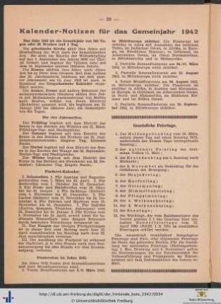 Kalender-Notizen für das Gemeinjahr 1942.