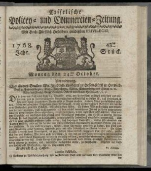 43tes Stueck, Montag den 24ten October. 1768