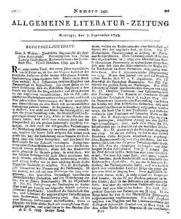 Juristisches Magazin für die deutschen Reichsstädte. Bdch. 4. Hrsg. von T. L. U. Jäger. Ulm: Wohler 1795