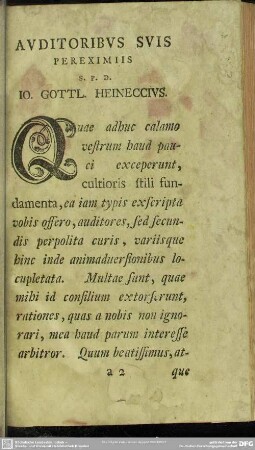 Auditoribus Suis Pereximiis S. P. D. Io. Gottl. Heineccius