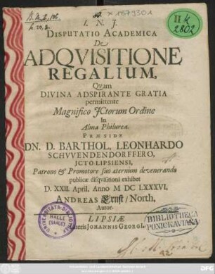 Disputatio Academica De Adquisitione Regalium