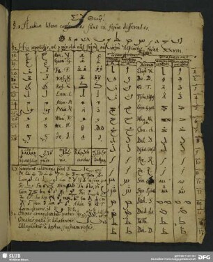 Notizen zur arabischen Schrift, vier Paragraphen sowie ein Baumdiagramm zu den arabischen Schriftzeichen