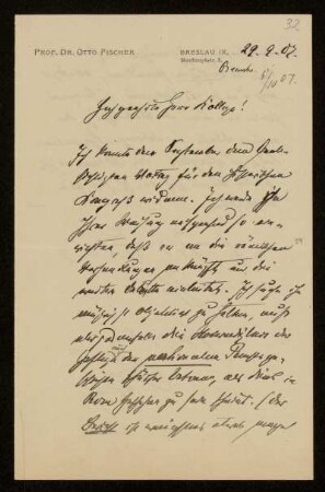 32: Brief von Otto Fischer an Otto von Gierke, Breslau, 29.9.1907
