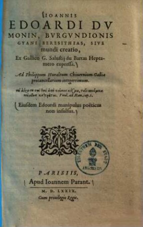 Joannis Edoardi du Monin, Burgundionis Gyani Beresithias, sive mundi creatio
