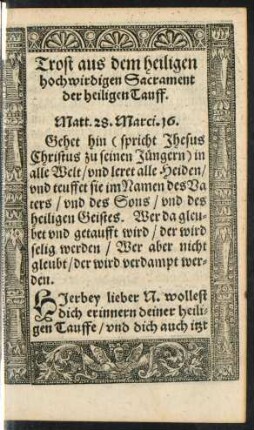 Trost aus dem heiligen hochwirdigen Sacrament der heiligen Tauff.