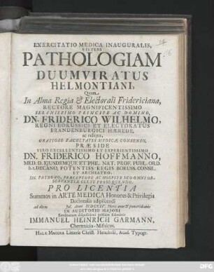 Exercitatio Medica Inauguralis, Sistens Pathologiam Duumviratus Helmontiani