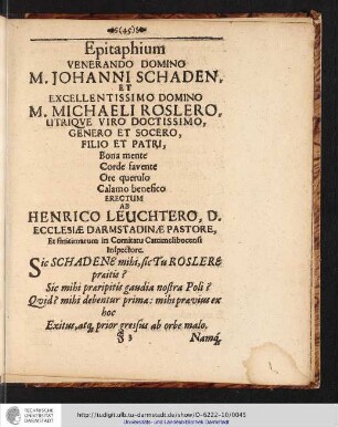 Epitaphium VENERANDO DOMINO M. JOHANNI SCHADEN. [...]