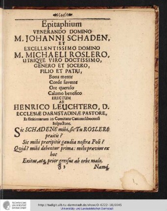 Epitaphium VENERANDO DOMINO M. JOHANNI SCHADEN. [...]