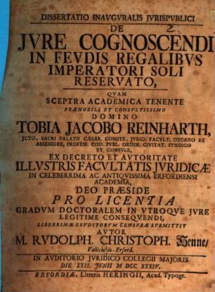 Dissertatio Inavgvralis Jvrispvblici De Jvre Cognoscendi In Fevdis Regalibvs Imperatori Soli Reservato