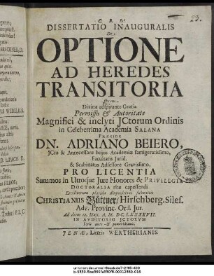 Dissertatio Inauguralis De Optione Ad Heredes Transitoria