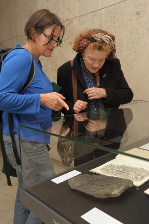 SLUB, Ausstellung "Gespräche mit der Erde. Geowissenschaften in Sachsen" : Ausstellungseröffnung am 14. Oktober 2014 im Vortragssaal. Gäste an einer Ausstellungsvitrine im Buchmuseum