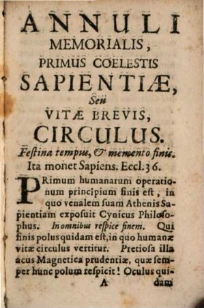Annulus Memorialis Coelestis Sapientiae : In Septenos Circulos Pro Septem hebdomadae diebus distinctus, A Congregatione Majori Augustana B. V. M. ab Angelo salutatae DD. Sodalibus Suis Honoris ergo oblatus