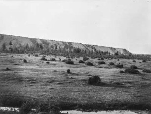 Landschaft : Blick über eine ebene Landschaft mit einem Wald und einem Hügel im Hintergrund