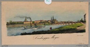 Gefalteter Briefbogen mit Stadtansicht von Dresden, Blick von der rechten Elbseite nach Südwesten auf die Altstadt, im Vordergrund einen der ersten Raddampfer