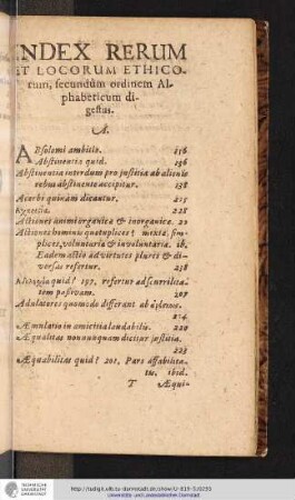 INDEX RERUM ET LOCORUM ETHICOrum, secundum ordinem Alphabeticum digestus.