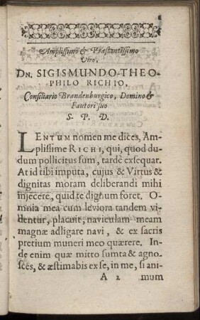 Amplissimo & Præstantissimo Viro, Dn. Sigismundo Theophilo Richio, Consiliario Brandenburgico [...]