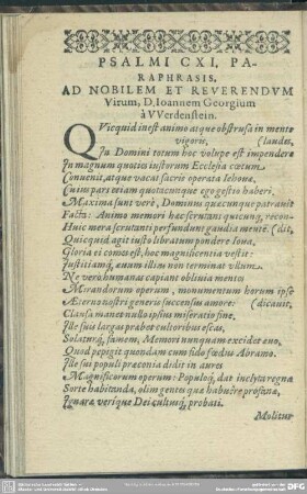 Psalmi CXI. Paraphrasis, Ad Nobilem Et Reverendum Virum, D. Joannem Georgium a Werdenstein
