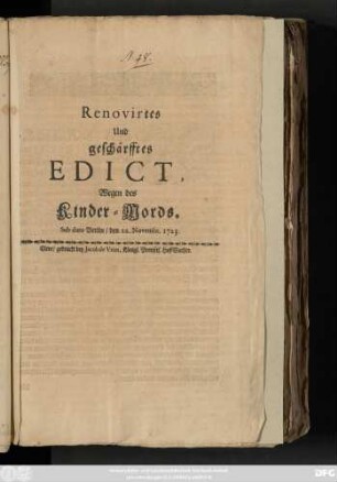 Renovirtes und geschärfftes Edict Wegen Kinder-Mords : Sub dato Berlin, den 22. Novembr. 1723.