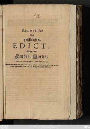 Renovirtes und geschärfftes Edict Wegen Kinder-Mords : Sub dato Berlin, den 22. Novembr. 1723.