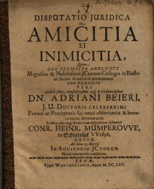 Disputatio Iuridica De Amicitia Et Inimicitia