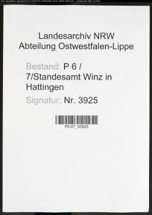 Sterberegister Standesamt Winz in Hattingen
