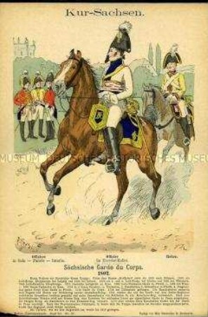 Uniformdarstellung, Offiziere und Gardist der Garde du Korps, Kurfürstentum Sachsen, 1802.