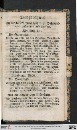 Verzeichniß, wie die kaiserl. Reichsposten zu Salmansweiler ankommen und abgehen