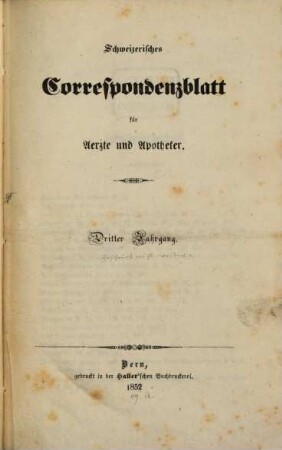 Schweizerisches Correspondenzblatt für Aerzte und Apotheker. 3. 1852