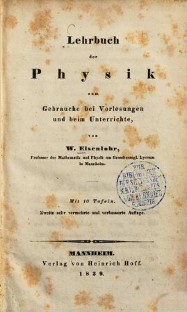 Lehrbuch der Physik : zum Gebrauche bei Vorlesungen und beim Unterrichte