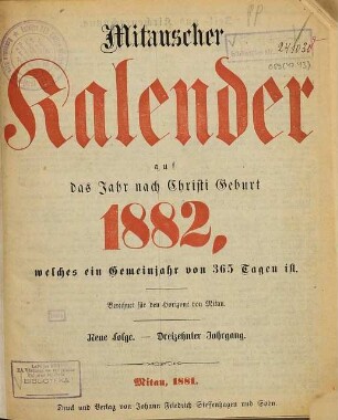 Mitauscher Kalender : auf das Jahr nach Christi Geburt .... 1882 = N.F., Jg. 13 (1881)
