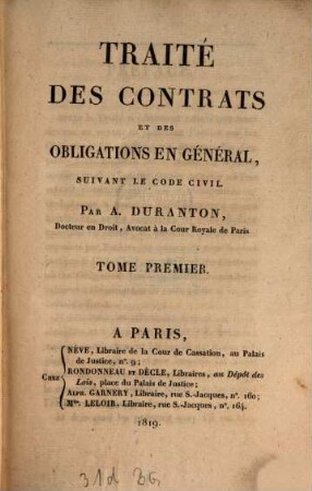 Traité des contrats et des obligations en général suivant le Code civil, 1