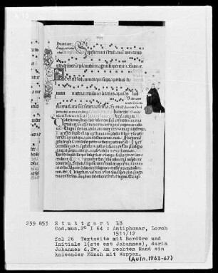 Antiphonarium (Benediktinerhandschrift) — Textseite mit zwei Miniaturen, Folio 26recto