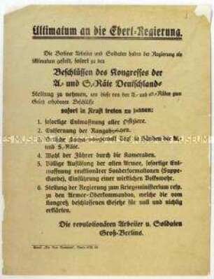 Forderung der revolutionären Arbeiter und Soldaten Groß-Berlins an den Rat der Volksbeauftragten zur Durchsetzung der Beschlüsse des Reichskongresses der Arbeiter- und Soldatenräte