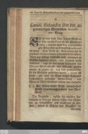 II. Curiöse Gedancken über den gegenwärtigen Spanischen Successions-Krieg.