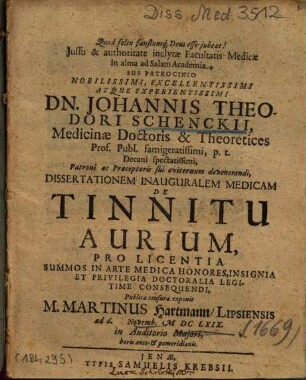 Dissertationem Inauguralem Medicam De Tinnitu Aurium