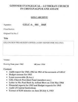GEL CHURCH TREASURER'S OFFICE AUDIT REPORT OF 1961-1963
