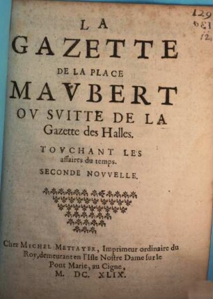 La Gazette Des Halles Touchant Les affaires du temps, 2. Seconde Nouvelle