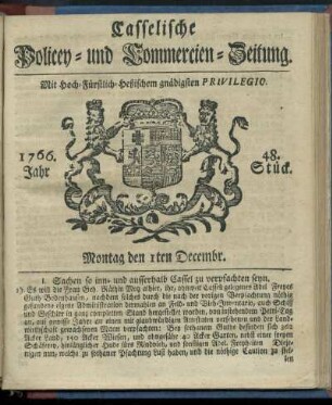 48. Stueck, Montag den 1ten Decembr. 1766