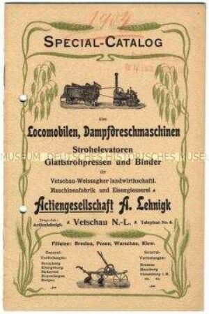 Spezial-Katalog über Lokomobilen, Dampfdreschmaschinen, Strohelevatoren, Strohpressen und Strohbinder