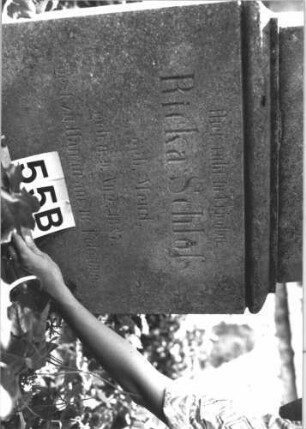 Grabstein 55 (Index: 100114358) Material: Kalkstein Zustand: verwittert mit Textverlust Maße HxBxT: 200x59x45 cm Beschreibung: Obelisk, getreppter Sockel: Grabstein 55B